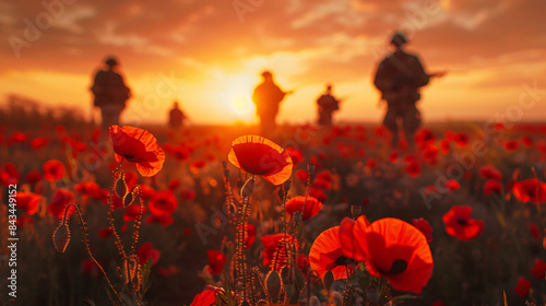 A field of red poppies blooms in the foreground as silhouettes of soldiers are seen in a distant battlefield against a muted sunset, commemorating Anzac and remembrance day.