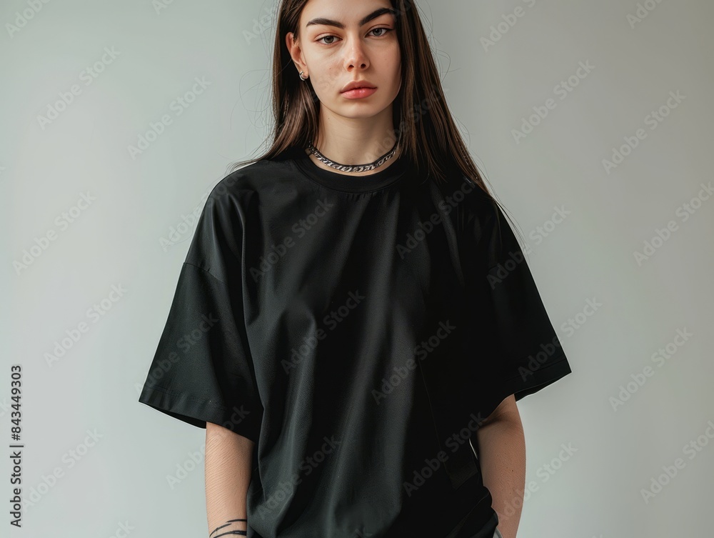 Fototapeta premium Stylish mockup of a plain black oversized t-shirt on a young woman.