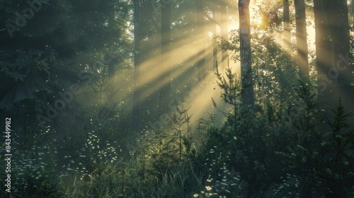 Spectacular sun rays shining through woods and tree in the dense forest. Green and lust forest on a beautiful summer day