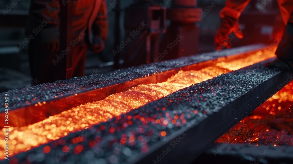 Molten metal flowing in a factory channel; workers in protective gear ...