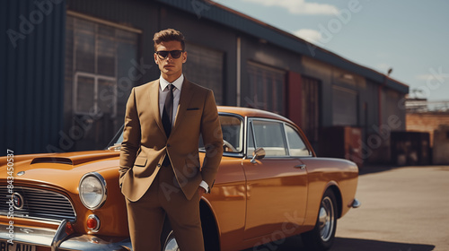 A 1960s male model in a mod suit and skinny tie, posing next to a vintage car