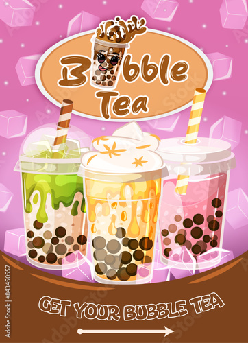 Bubble Tea Shop Signage with Cute Boba Teas Illustrations 
