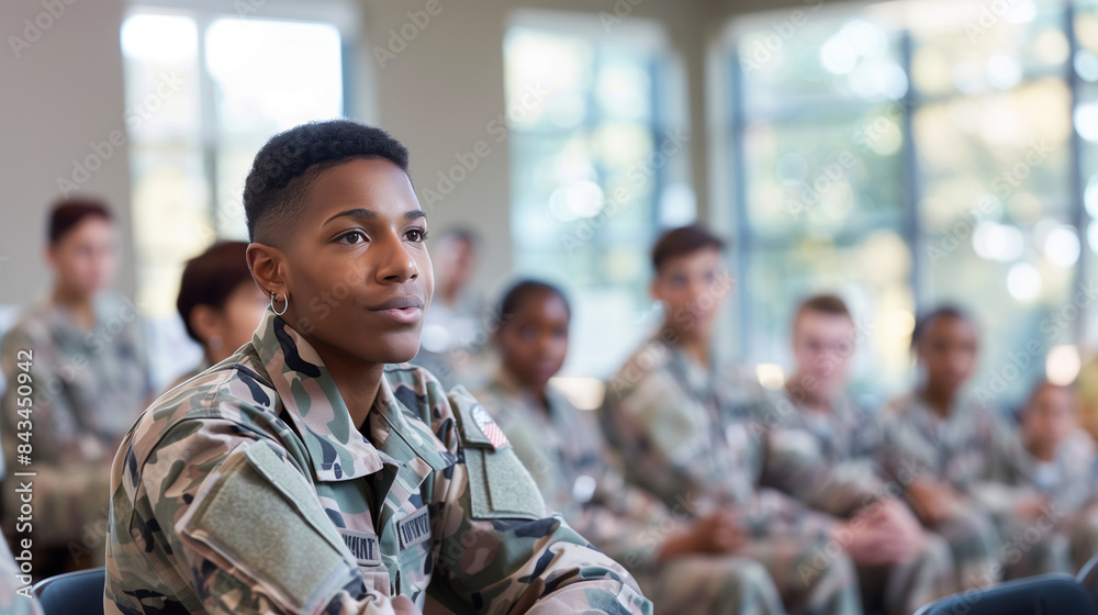 a  of a young veteran participating in a public speaking workshop, practicing presentation skills with peers, Young Veterans, Programs, careers, adapt to civilian lif