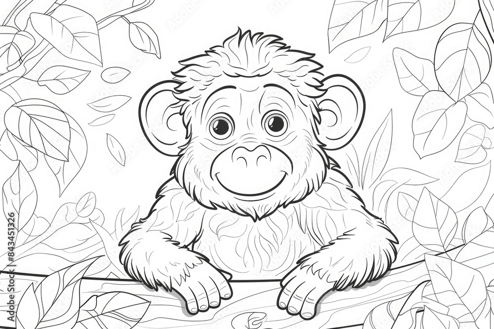 A black and white illustration of a monkey sitting on a branch A black and white illustration of a monkey sitting on a branch