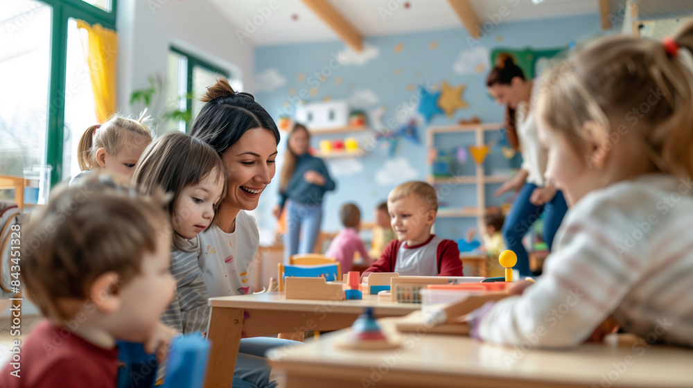 a of a daycare center specifically for children of women veterans, with caregivers and children engaged in activities, women veterans, Support, developing programs, a of a daycare center specifically for children of women veterans, with caregivers and children engaged in activities, women veterans, Support, developing programs,
