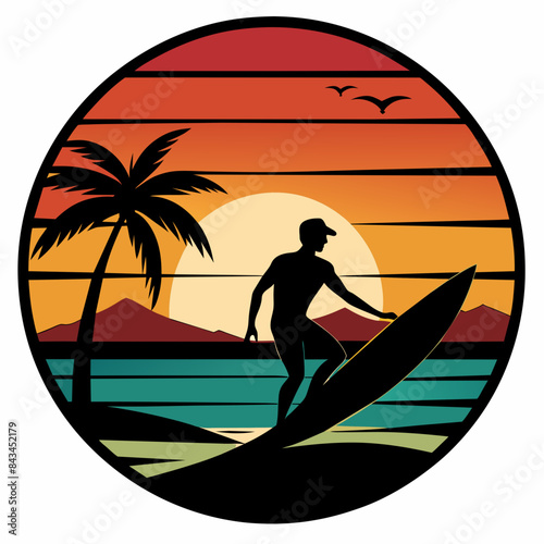 surfer silhouette on the beach t shirt design.