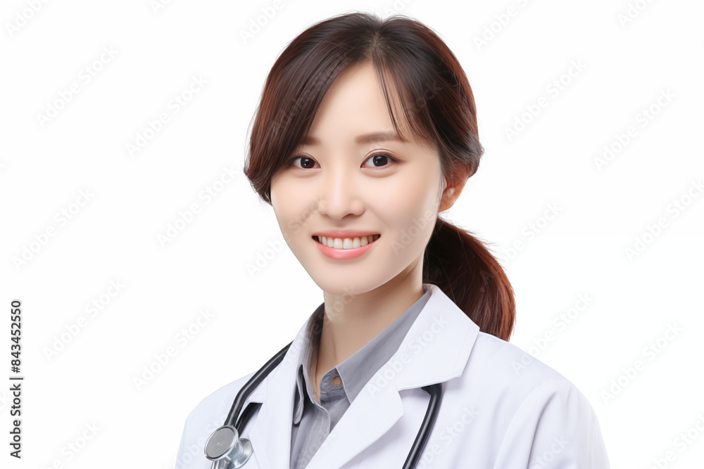 Smiling asian woman doctor on white background. Woman doctor. World of Medicine. Personal care profession. Medical studies. European doctor. Asia. Asian doctor. China. Japan. AI. Smiling asian woman doctor on white background. Woman doctor. World of Medicine. Personal care profession. Medical studies. European doctor. Asia. Asian doctor. China. Japan. AI.
