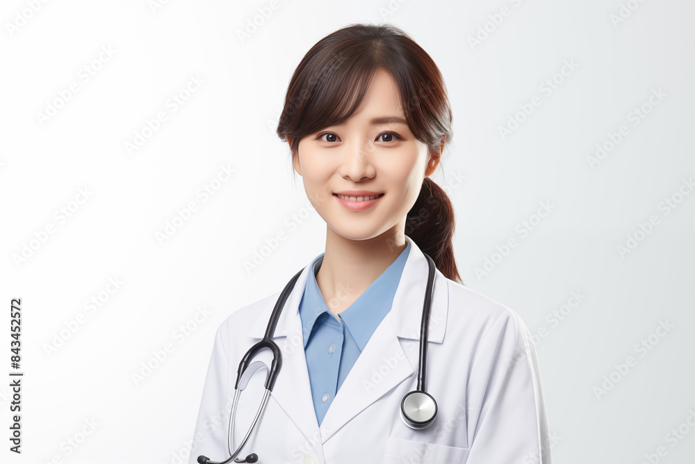 Smiling asian woman doctor on white background. Woman doctor. World of Medicine. Personal care profession. Medical studies. European doctor. Asia. Asian doctor. China. Japan. AI. Smiling asian woman doctor on white background. Woman doctor. World of Medicine. Personal care profession. Medical studies. European doctor. Asia. Asian doctor. China. Japan. AI.