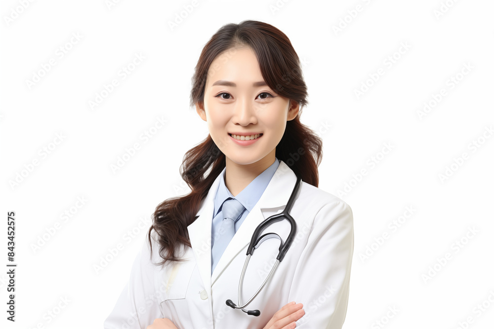 Smiling asian woman doctor on white background. Woman doctor. World of Medicine. Personal care profession. Medical studies. European doctor. Asia. Asian doctor. China. Japan. AI. Smiling asian woman doctor on white background. Woman doctor. World of Medicine. Personal care profession. Medical studies. European doctor. Asia. Asian doctor. China. Japan. AI.