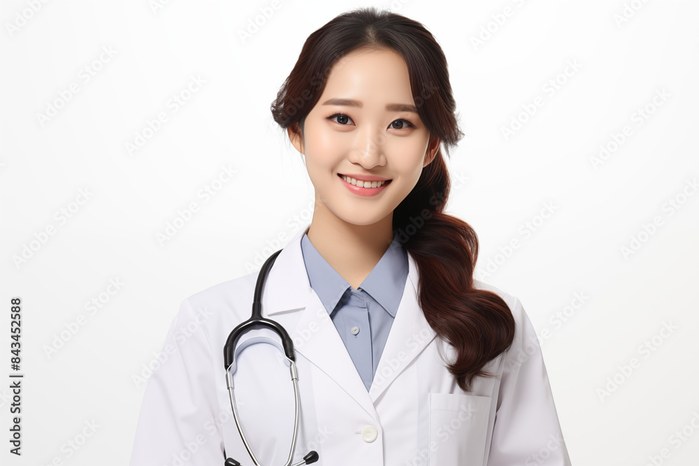 Smiling asian woman doctor on white background. Woman doctor. World of Medicine. Personal care profession. Medical studies. European doctor. Asia. Asian doctor. China. Japan. AI. Smiling asian woman doctor on white background. Woman doctor. World of Medicine. Personal care profession. Medical studies. European doctor. Asia. Asian doctor. China. Japan. AI.