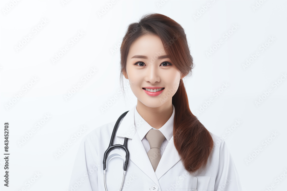 Smiling asian woman doctor on white background. Woman doctor. World of Medicine. Personal care profession. Medical studies. European doctor. Asia. Asian doctor. China. Japan. AI. Smiling asian woman doctor on white background. Woman doctor. World of Medicine. Personal care profession. Medical studies. European doctor. Asia. Asian doctor. China. Japan. AI.