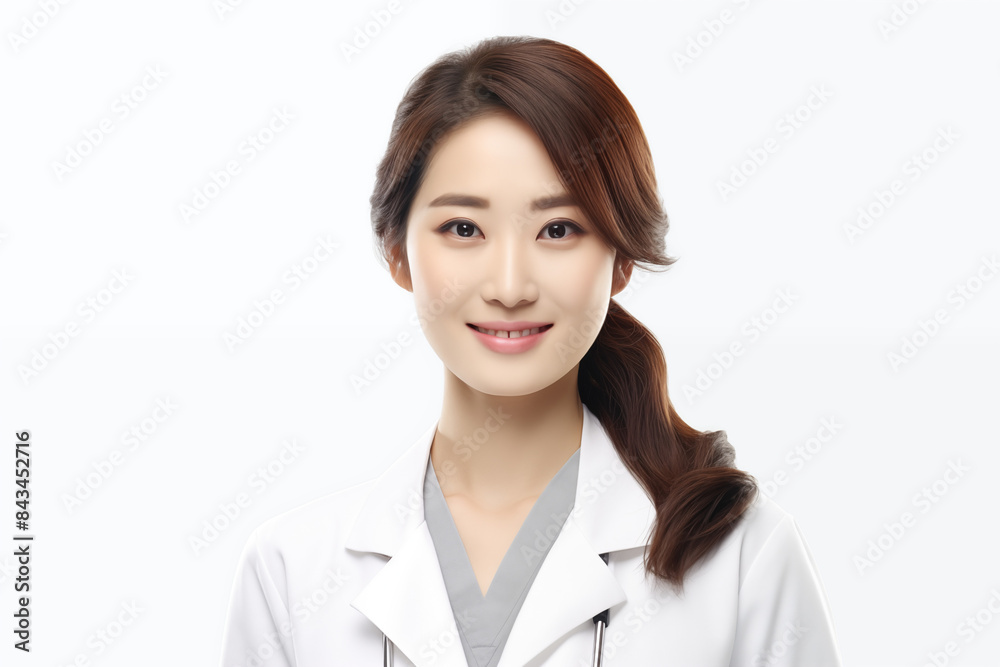Smiling asian woman doctor on white background. Woman doctor. World of Medicine. Personal care profession. Medical studies. European doctor. Asia. Asian doctor. China. Japan. AI. Smiling asian woman doctor on white background. Woman doctor. World of Medicine. Personal care profession. Medical studies. European doctor. Asia. Asian doctor. China. Japan. AI.
