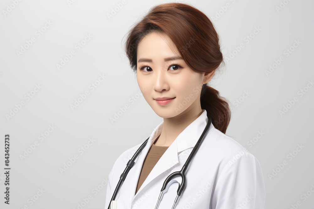 Smiling asian woman doctor on white background. Woman doctor. World of Medicine. Personal care profession. Medical studies. European doctor. Asia. Asian doctor. China. Japan. AI. Smiling asian woman doctor on white background. Woman doctor. World of Medicine. Personal care profession. Medical studies. European doctor. Asia. Asian doctor. China. Japan. AI.