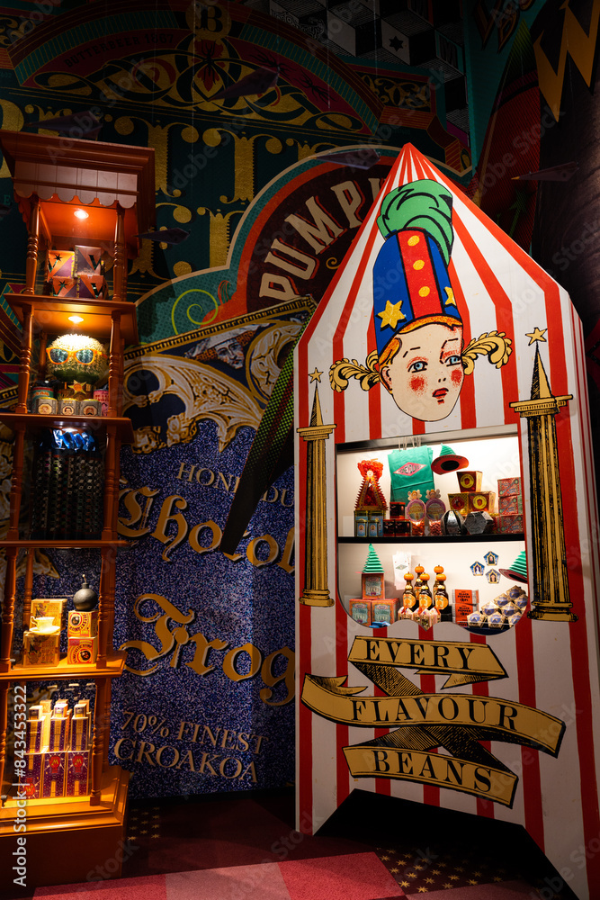 Fototapeta premium JAPAN - Nov 13, 2023: Jelly Belly Bertie Bott's Every Flavor Beans and whimsical sweets set in a magical themed backdrop at Warner Bros. Studio Tour Tokyo, The Making of Harry Potter