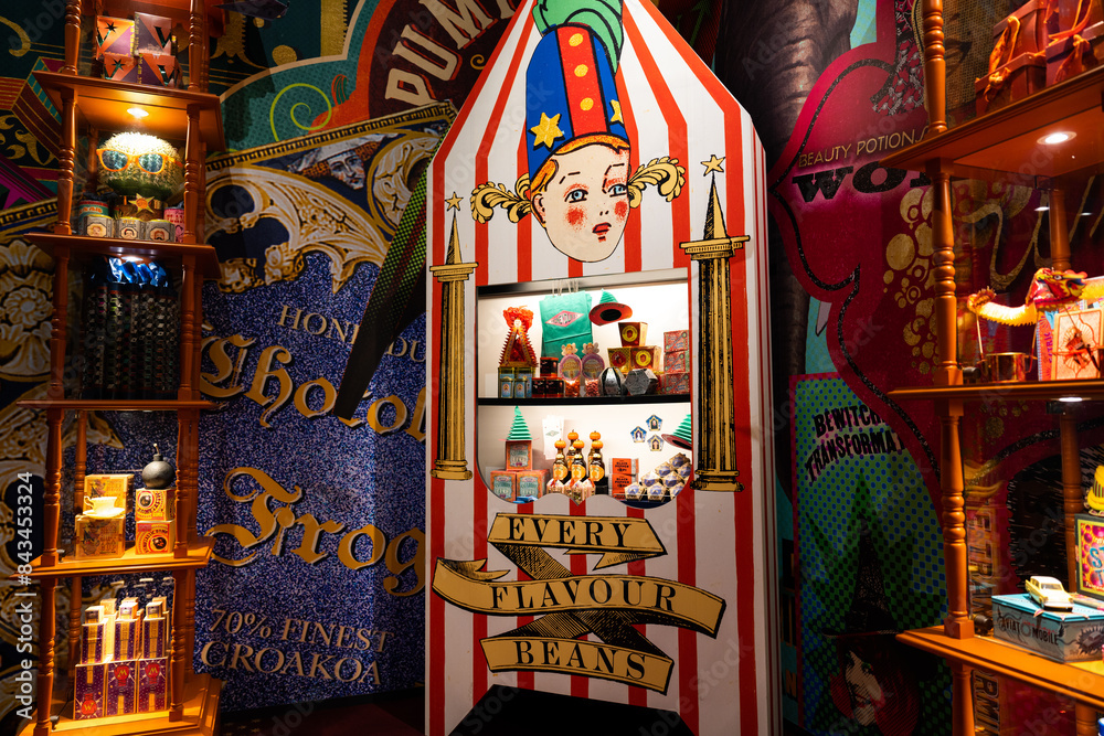 Fototapeta premium JAPAN - Nov 13, 2023: Jelly Belly Bertie Bott's Every Flavor Beans vibrant and whimsical candy shop display and various sweet in a magical of Warner Bros. Studio Tour Tokyo, The Making of Harry Potter
