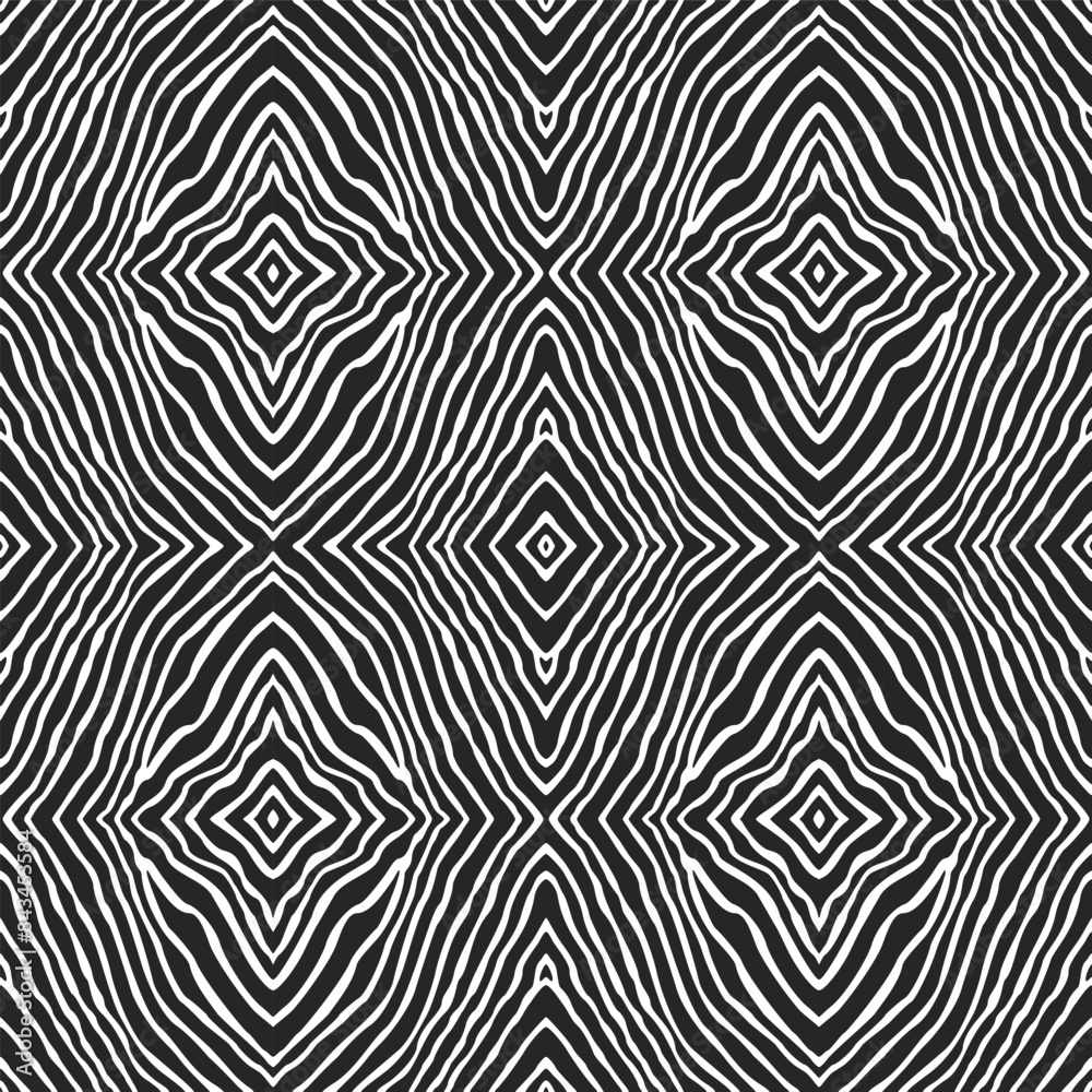 Obraz premium Vector ikat seamless pattern from black and white wavy stripes, zebra skin prints 