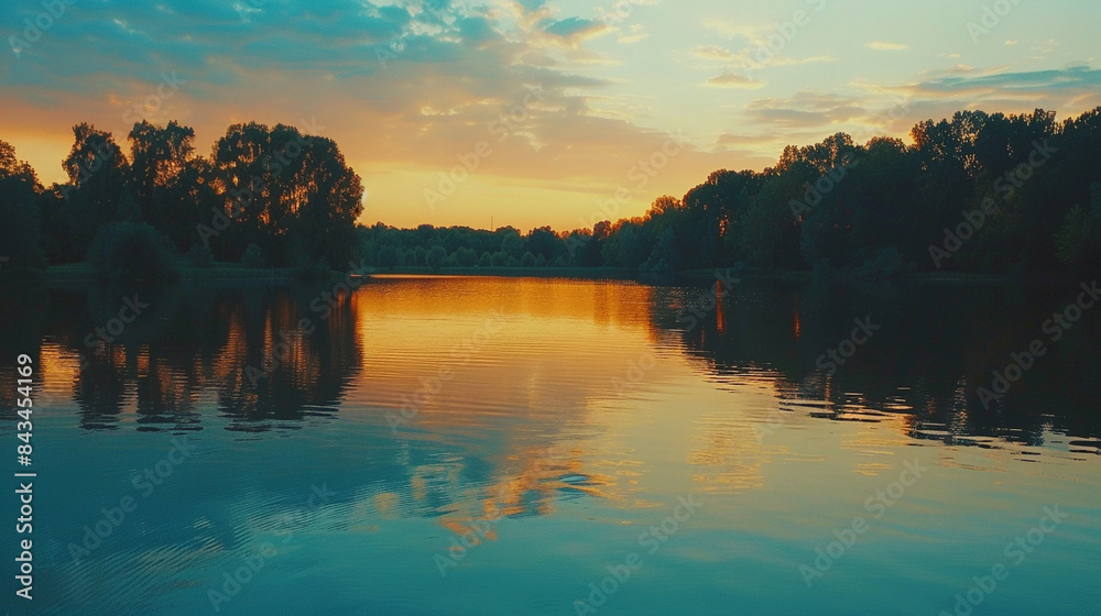 Obraz premium A serene lake reflecting the colors of the sunset, with silhouettes of trees lining the shore and a peaceful stillness enveloping the scene, creating a tranquil summer evening ambiance.