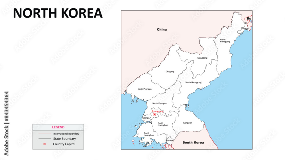 North Korea Map. State map of North Korea. Administrative map of North Korea with state and capital in white color. North Korea Map. State map of North Korea. Administrative map of North Korea with state and capital in white color.