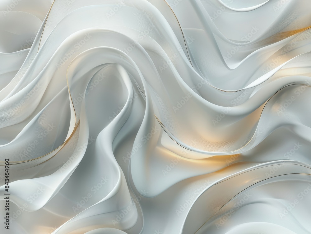 The image features smooth, flowing white and pale gold translucent fabric-like shapes, creating an elegant and dynamic abstract design with soft curves and light accents.
