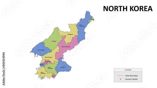 North Korea Map. State and union territories of North Korea. Detailed colourful Political map of North Korea with Country capital and important cities. Political map of North Korea with neighbouring