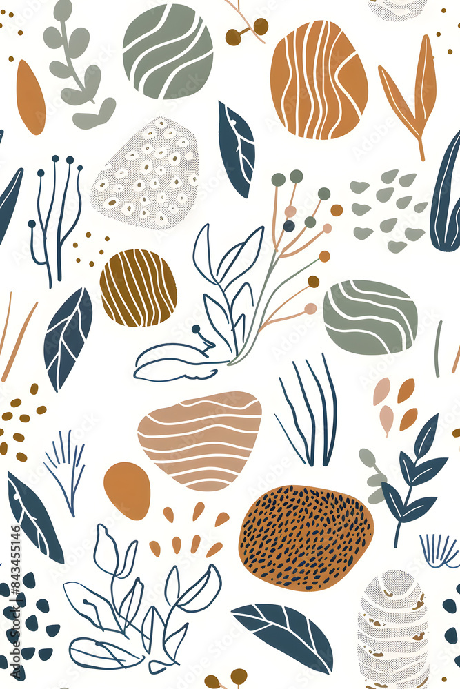 Seamless pattern of abstract Scandinavian art print with blend organic shapes and elements 