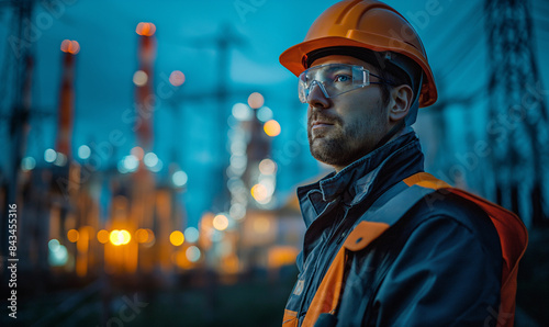 Electrician engineers standing at a power plant to view the planning work for power generation at high voltage electrodes. electrical energy design, industry concept, modern business technology. photo