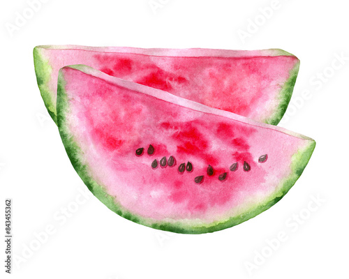 Hand drawn watercolor slices of pink watermelon on white background. Isolated illustration of vibrant and fresh food for design greetings, birthday cards, invitations, print and decor