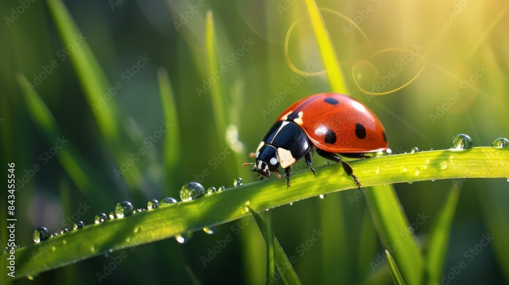 Ladybug on the grass, beautiful summer background, dew on the grass in the sunlight. Ladybug on the grass, beautiful summer background, dew on the grass in the sunlight.
