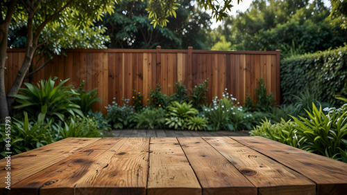 Wallpaper Mural Empty wooden tabletop in a lush backyard home, inviting space for outdoor parties, greenery, and festive elements, ready for text or display. Torontodigital.ca