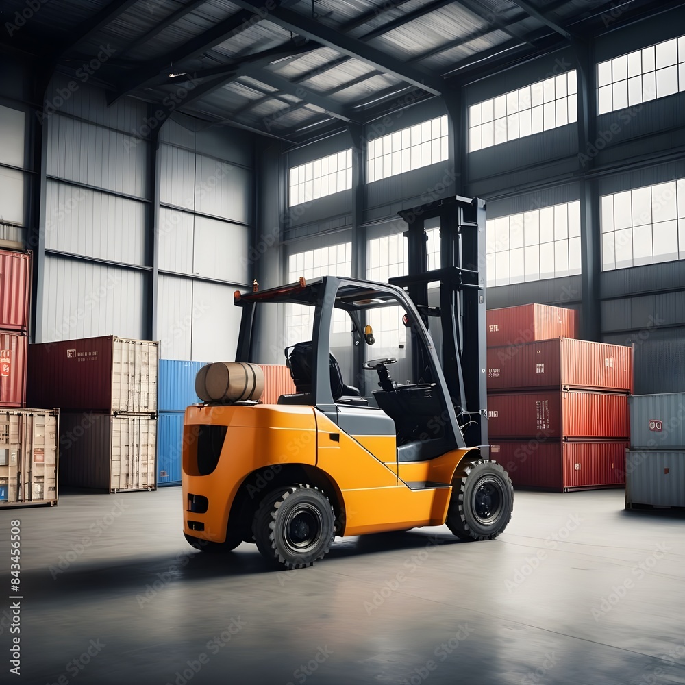Forklift transporting cargo container in industrial warehouse