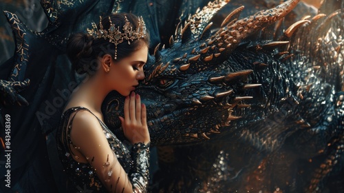 Fantasy woman evil dark queen witch hugs dragon