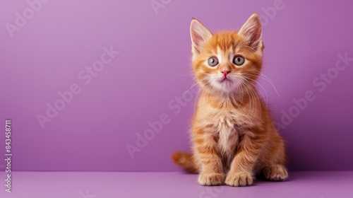A cute kitten playing on a solid lavender background with space above for text