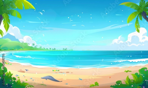 Tropical Beach Scene With Palm Trees and Calm Ocean