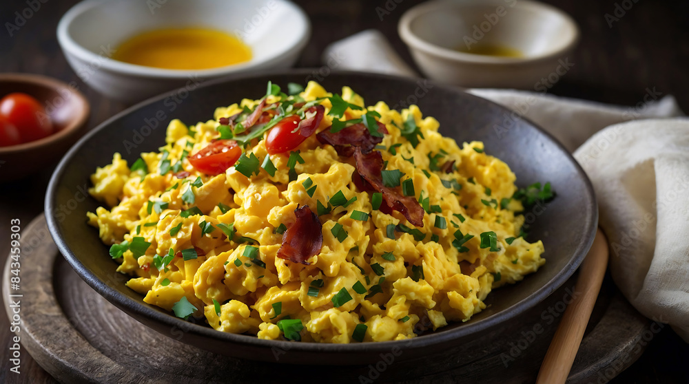 Scrambled eggs. Scrambled eggs is a dish made from eggs stirred, whipped, or beaten together. Scrambled eggs. Scrambled eggs is a dish made from eggs stirred, whipped, or beaten together.