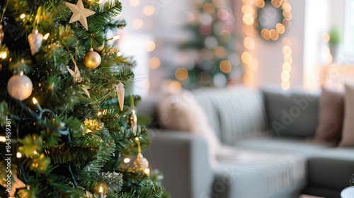 Cozy living room with beautifully decorated Christmas tree and festive lights, creating a warm holiday atmosphere.