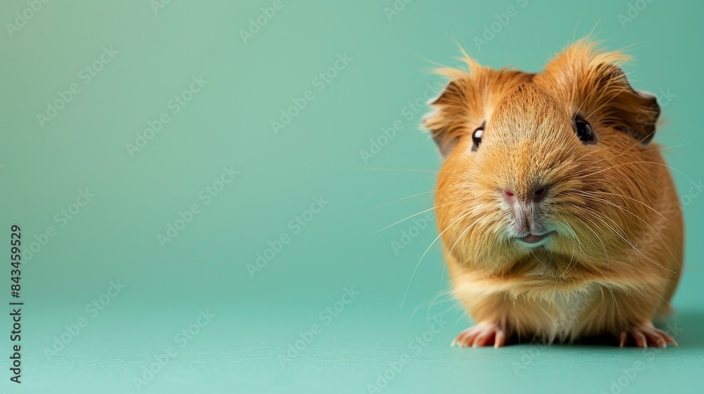 Fototapeta premium A curious guinea pig peeking out from a solid mint green background with space above for text
