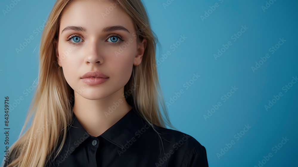 Fototapeta premium Young attractive woman model in black shirt with straight hair against blue background
