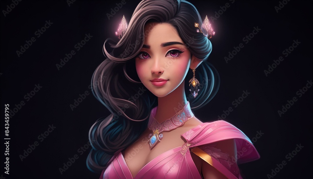 portrait of a brunette woman wearing a pink dress on black background, cartoon style portrait of a brunette woman wearing a pink dress on black background, cartoon style