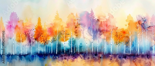 Tranquil Aspen Trees Watercolor Landscape with Blurred Background for Design Overlay