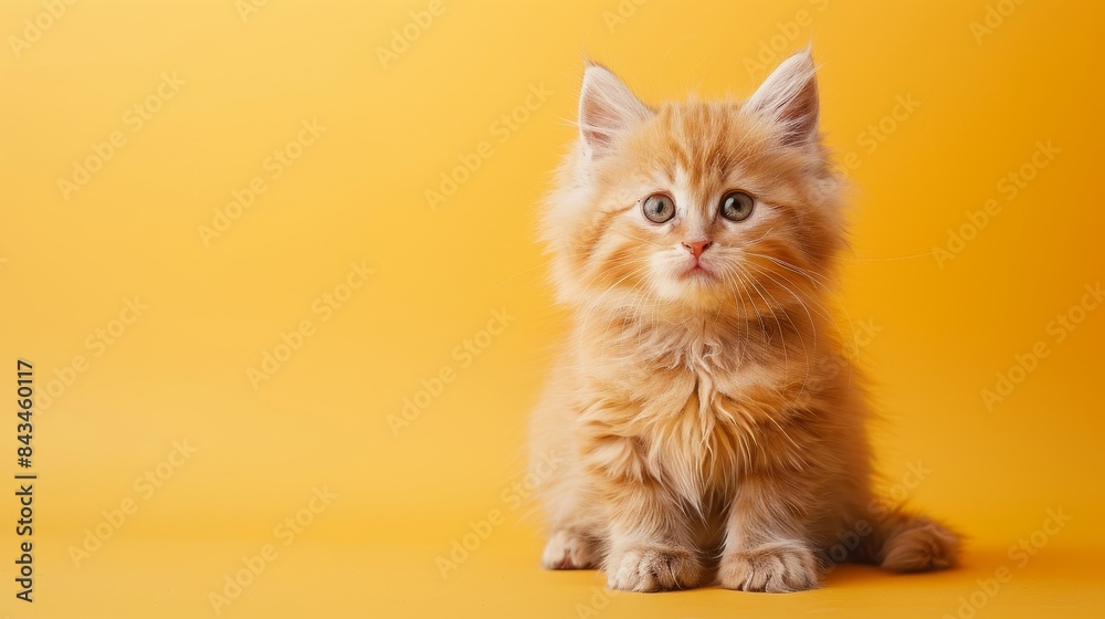 Obraz premium A fluffy Persian kitten sitting on a solid pastel yellow background with space above for text
