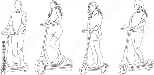 people on scooters sketch on white background vector