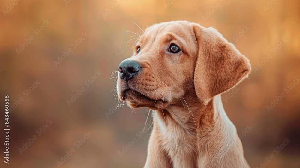A playful Labrador puppy on a solid peach background with space above for text A playful Labrador puppy on a solid peach background with space above for text
