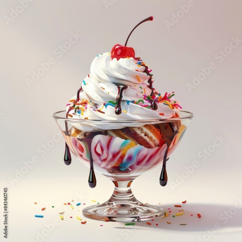 Delicious ice cream sundae with whipped cream, cherry, sprinkles, and chocolate syrup in a glass bowl on a light background. photo