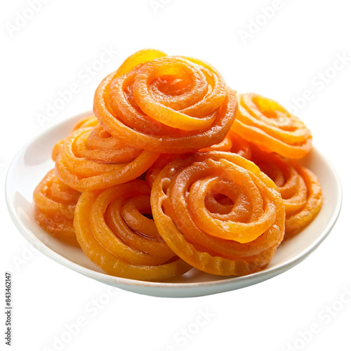 Jalebi indian sweets on white plate Isolated on transparent background
