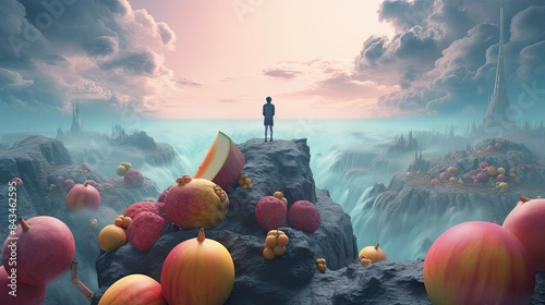 Fruit, surrealism, dreamlike abstract imaginary illustration, human standing on an edge, imaginary world. photo