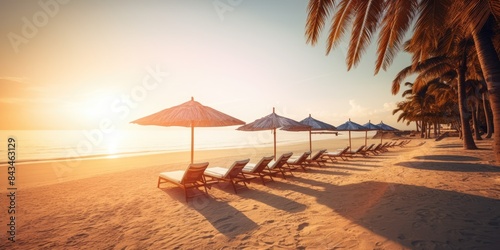Beautiful sunset beach, sun lounger and umbrella on a sandy beach by the sea