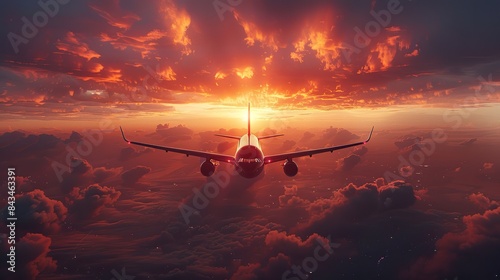 Airplane Flying at Sunset with Dramatic Sky and Clouds