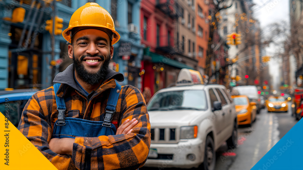 Happy construction worker in urban setting Happy construction worker in urban setting