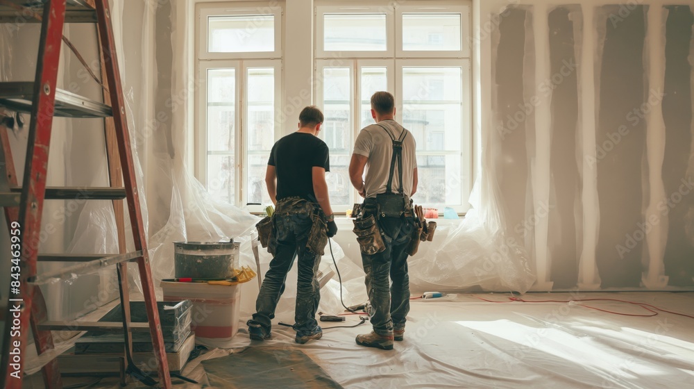 craftsmen working on a building site in a new house craftsmen working on a building site in a new house