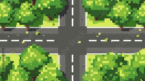 Pixelated Street Intersection With Trees and Fallen Leaves in a Video Game Environment